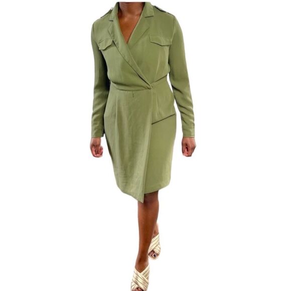 Calvin Klein CL Army Olive Green Wrap Dress with Gold epaulettes - Picture 1 of 16